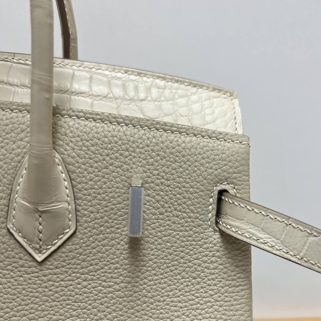 Hermes Touch Birkin 25CM Bag In Craie Togo and Matte Alligator Crocodile Leather